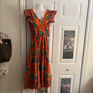 Sleeveless Orange Floral Midi Dress with Tie Waist